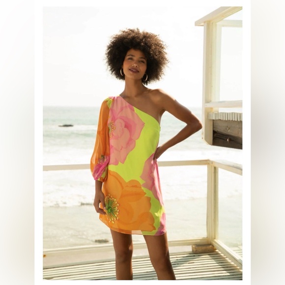 Trina Turk Dresses & Skirts - NWT Trina Turk Admirable Floral-Print One Shoulder Mini Dress Pink/Orange Size 4